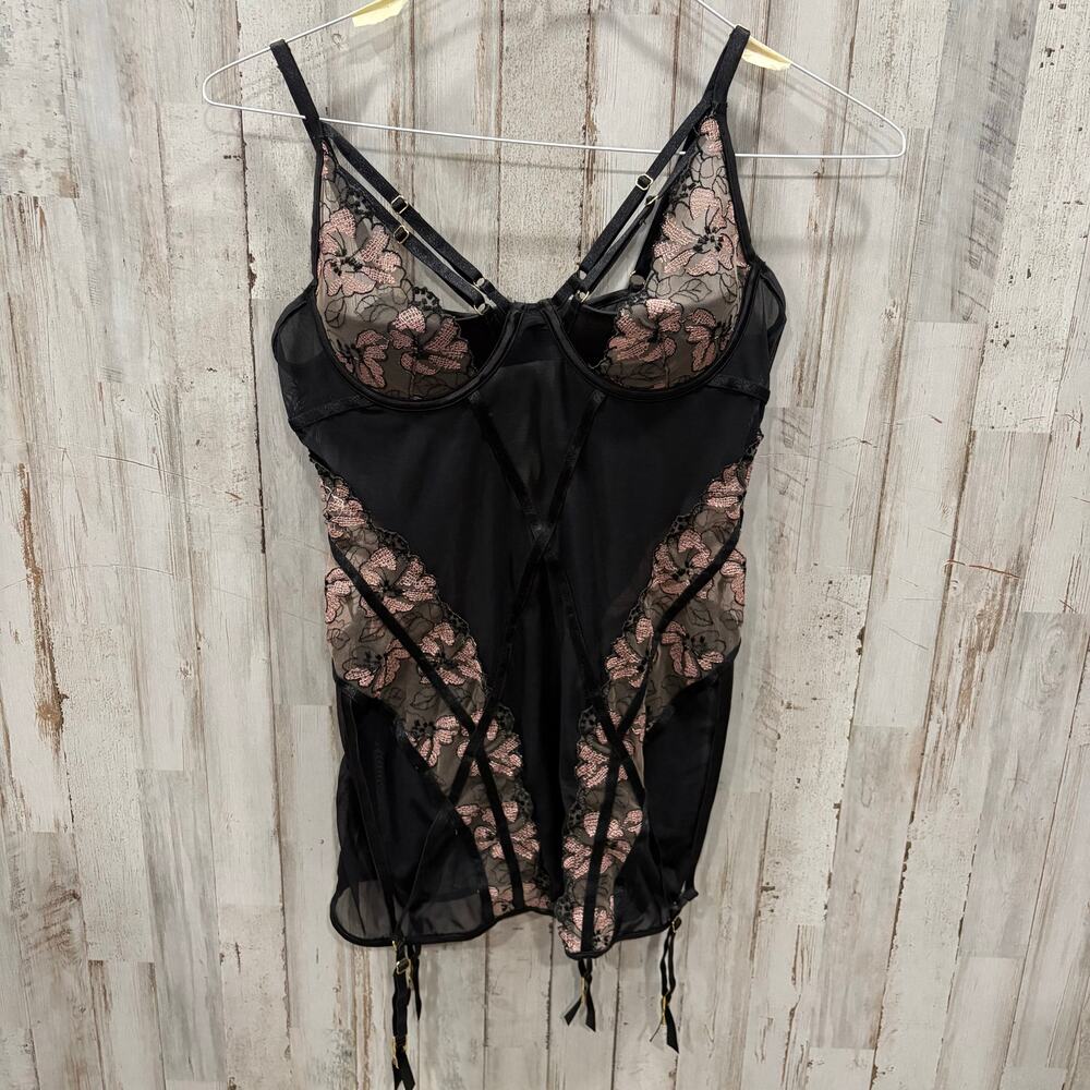 House of Desire Nova Blacklight Lace Chemise In Black  Floral Lingerie Large